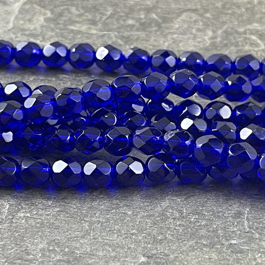 Cobalt Blue Czech Beads, 6mm Czech Glass Fire Polished Beads, Transparent Cobalt Faceted Round Glass Beads (FP6/SM-3009) * Qty. 25