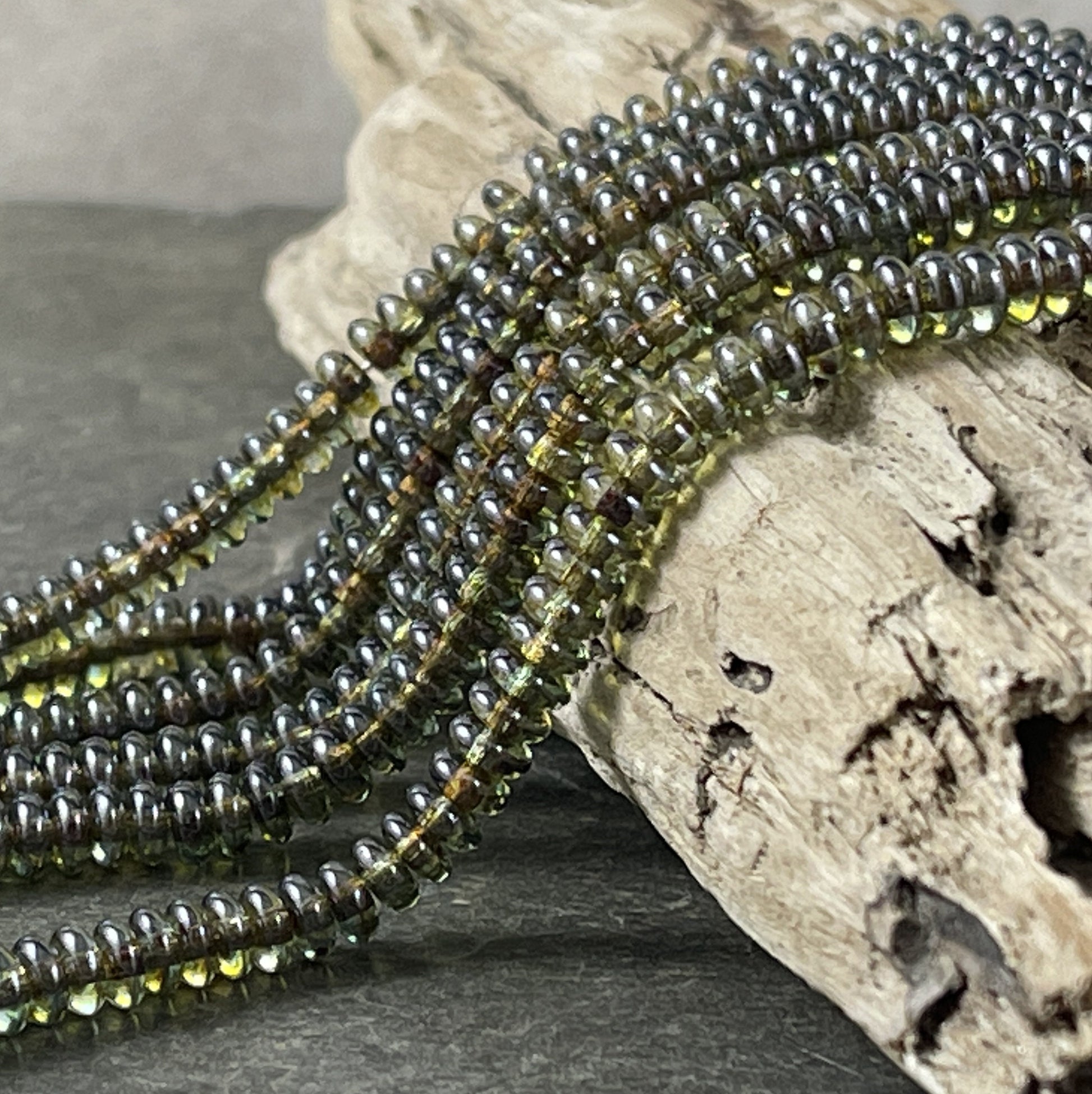 Czech Glass Beads - 4x2mm Heishi Rondelle Spacer Beads, Transparent Olive Green Luster (RD4/SM-65431) * Qty. 100