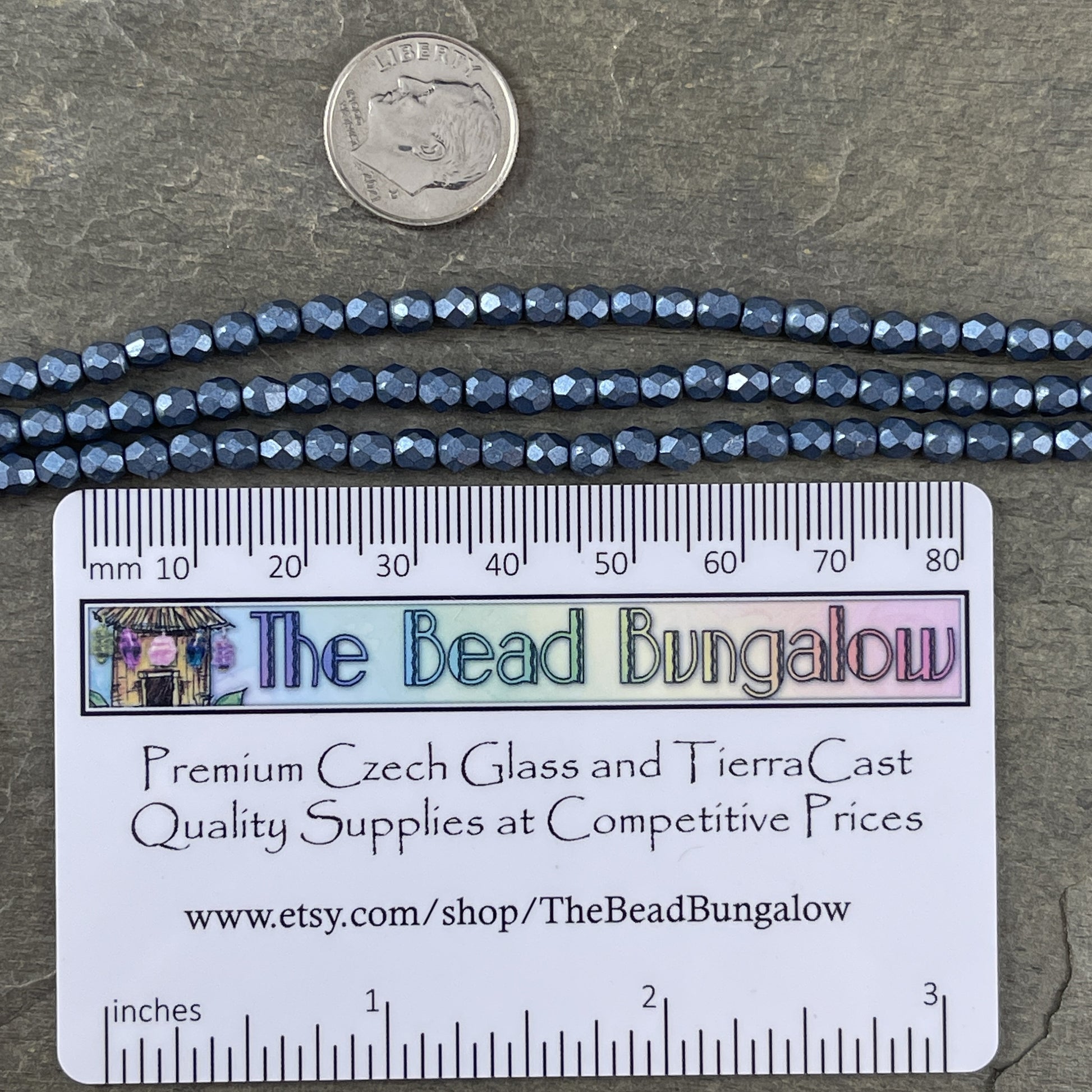 Blue Czech Glass Beads - 4mm Faceted Round Beads, ColorTrends Saturated Metallic Bluestone (FP4/SM-07B02) * Qty. 50