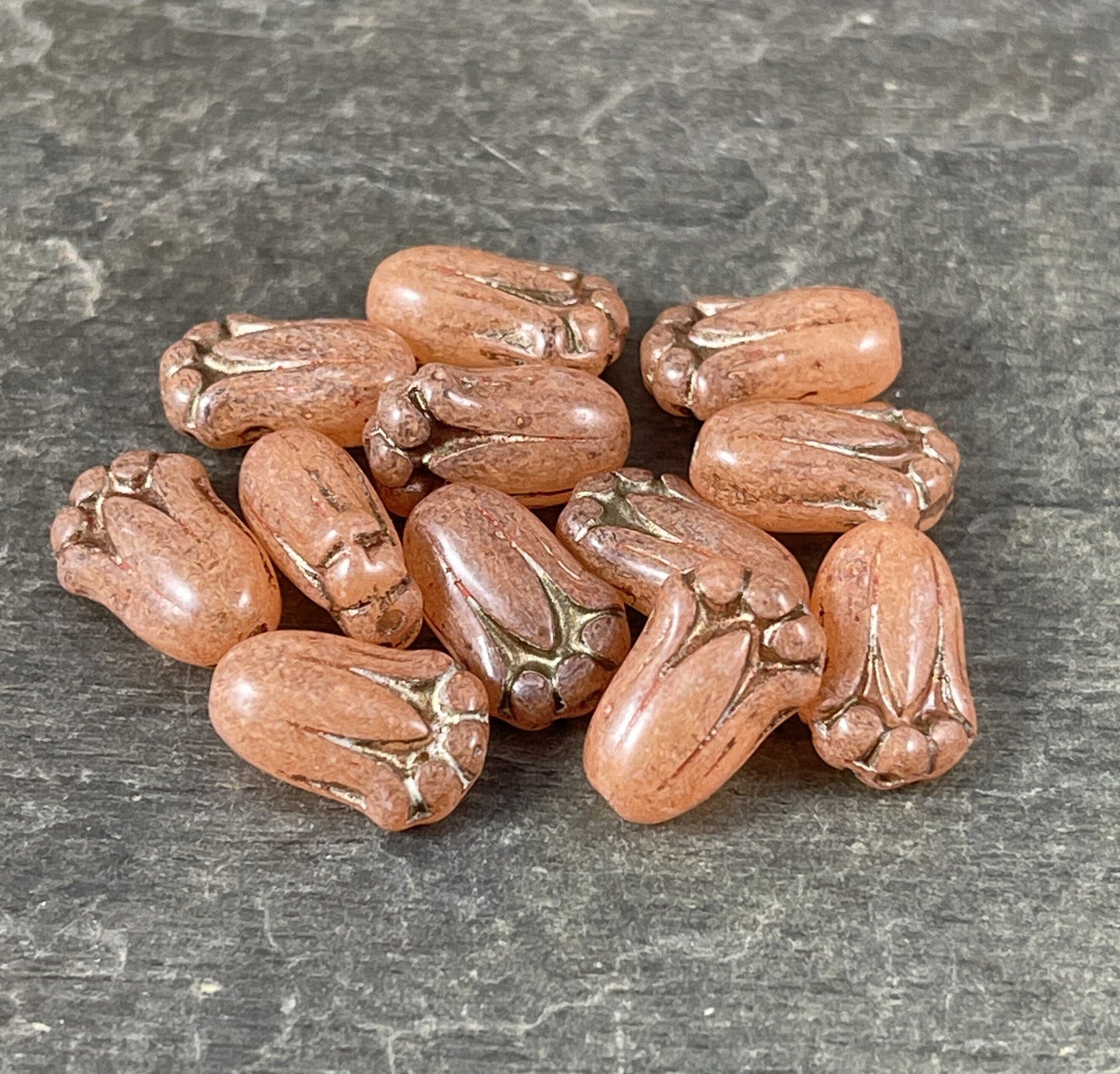 Peach Opaline Flower with Bronze Wash, Czech Glass Beads, 12x8mm Peachy Lily Bud Flower (LBud2) * Qty. 12