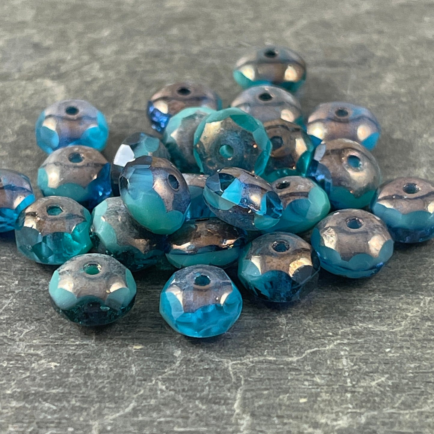 Turquoise and Capri Blue Czech Beads 7x5mm Rondelle Czech Glass Beads Two-Tone Blue Mix with Bronze Picasso (R7/RJ-2477) * Qty. 25