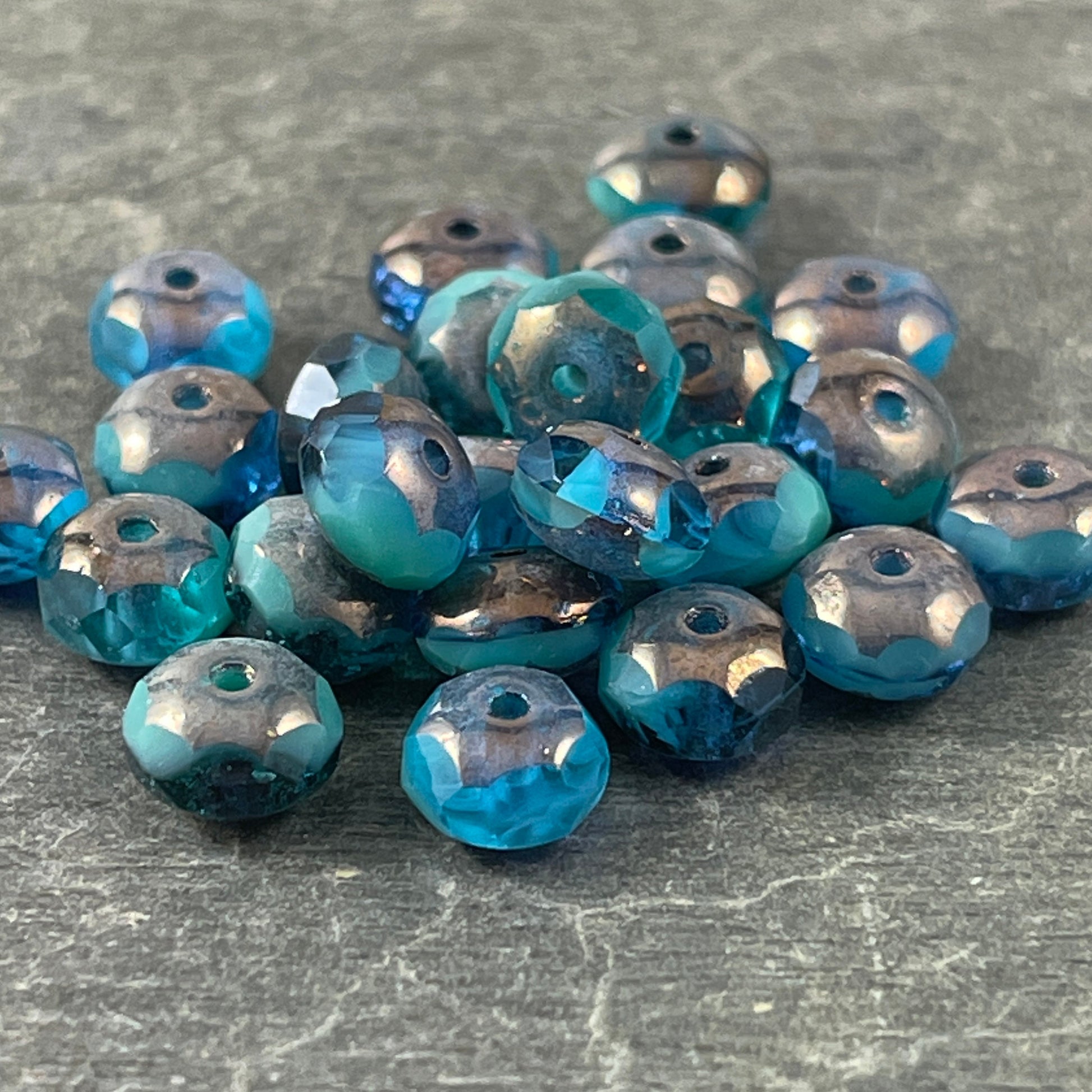 Turquoise and Capri Blue Czech Beads 7x5mm Rondelle Czech Glass Beads Two-Tone Blue Mix with Bronze Picasso (R7/RJ-2477) * Qty. 25