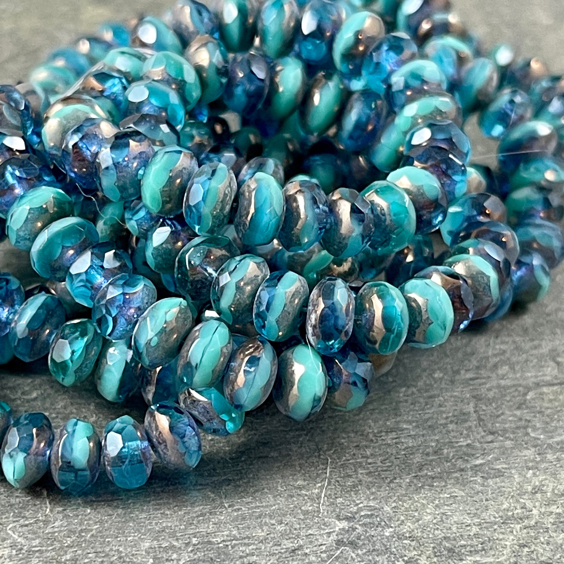 Turquoise and Capri Blue Czech Beads 7x5mm Rondelle Czech Glass Beads Two-Tone Blue Mix with Bronze Picasso (R7/RJ-2477) * Qty. 25