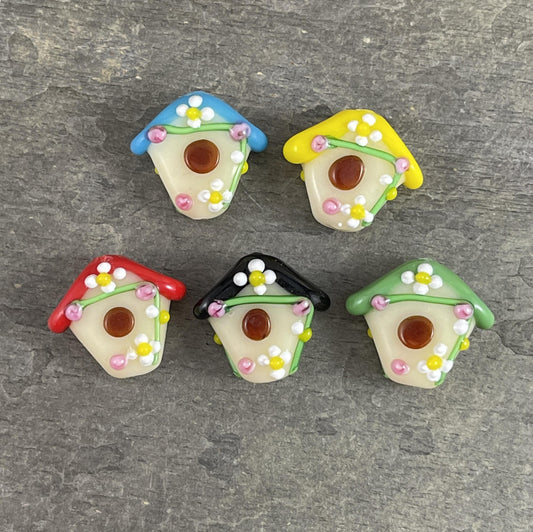 Birdhouse Beads, Unique Lampwork Beads, Birdhouse Shaped Glass Beads, 16mmx19mm Bird house Beads, Select by color - Sold Individually