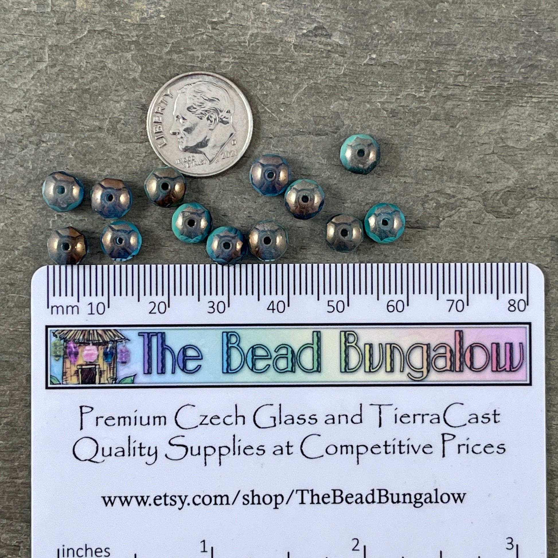 Turquoise and Capri Blue Czech Beads 7x5mm Rondelle Czech Glass Beads Two-Tone Blue Mix with Bronze Picasso (R7/RJ-2477) * Qty. 25