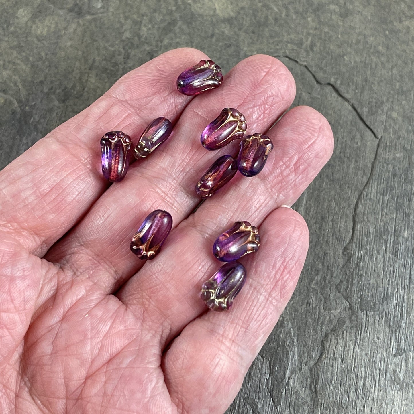 Transparent Purple and Fuchsia Czech Glass Flower ~ 12x8mm Lily Bud Flower ~ Purple & Pink Flower Bead (LBud23) * Qty. 12