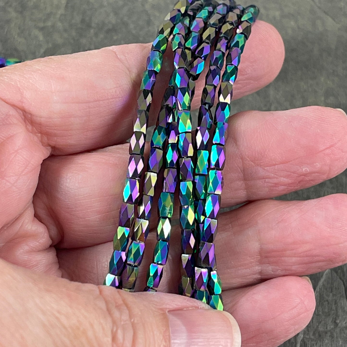 5mm Faceted Tube Bead, Rainbow Metallic 5x3mm Glass Beads (FGT-PI1) Blue, Green, Purple and Black Metallic Beads * 18" Strand