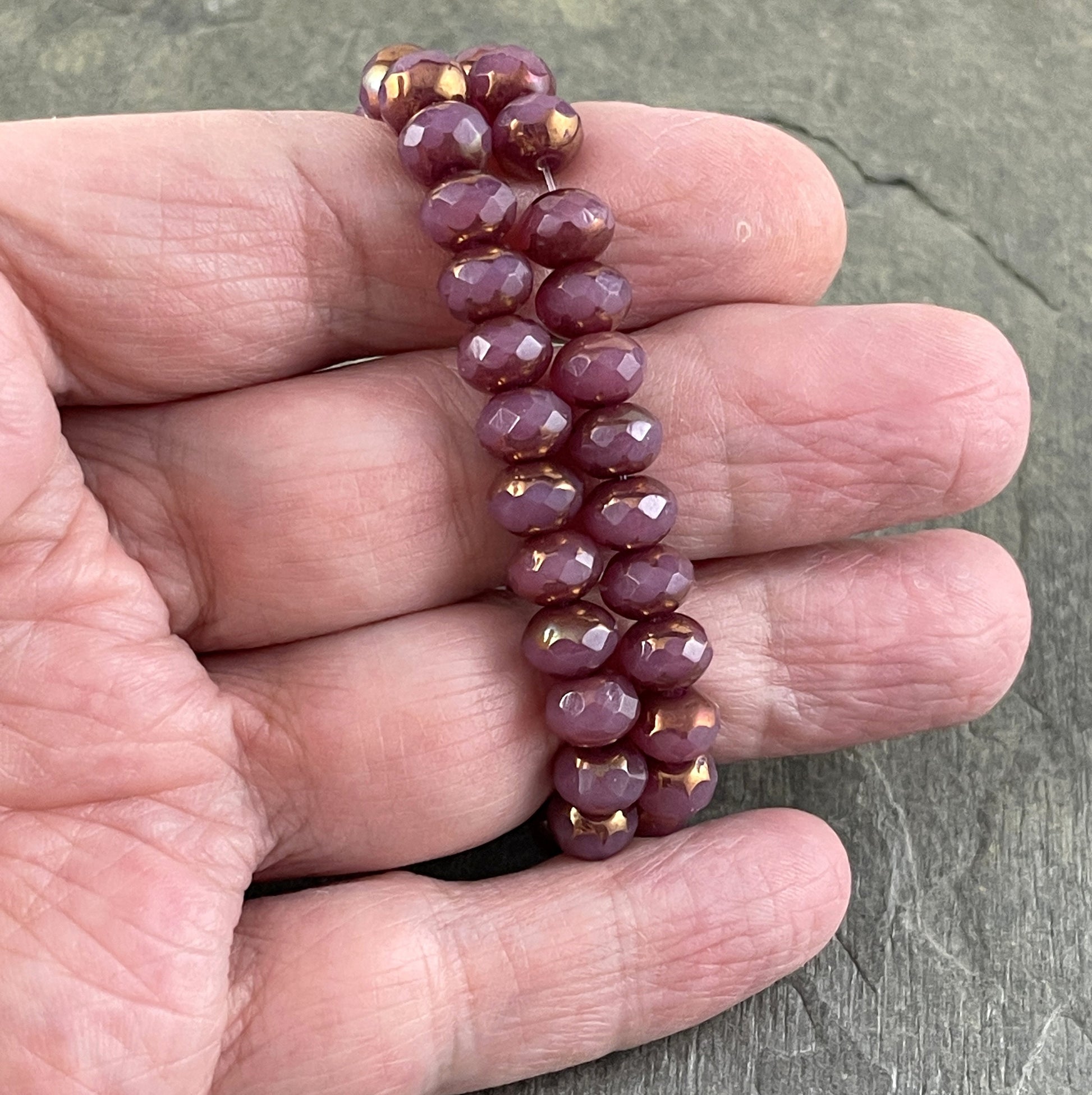 Czech Glass Beads - 7x5mm Mauve Pink Rondelle, Opaque Pink Silk Picasso Glass Beads (R7/N-1265) * Qty. 25