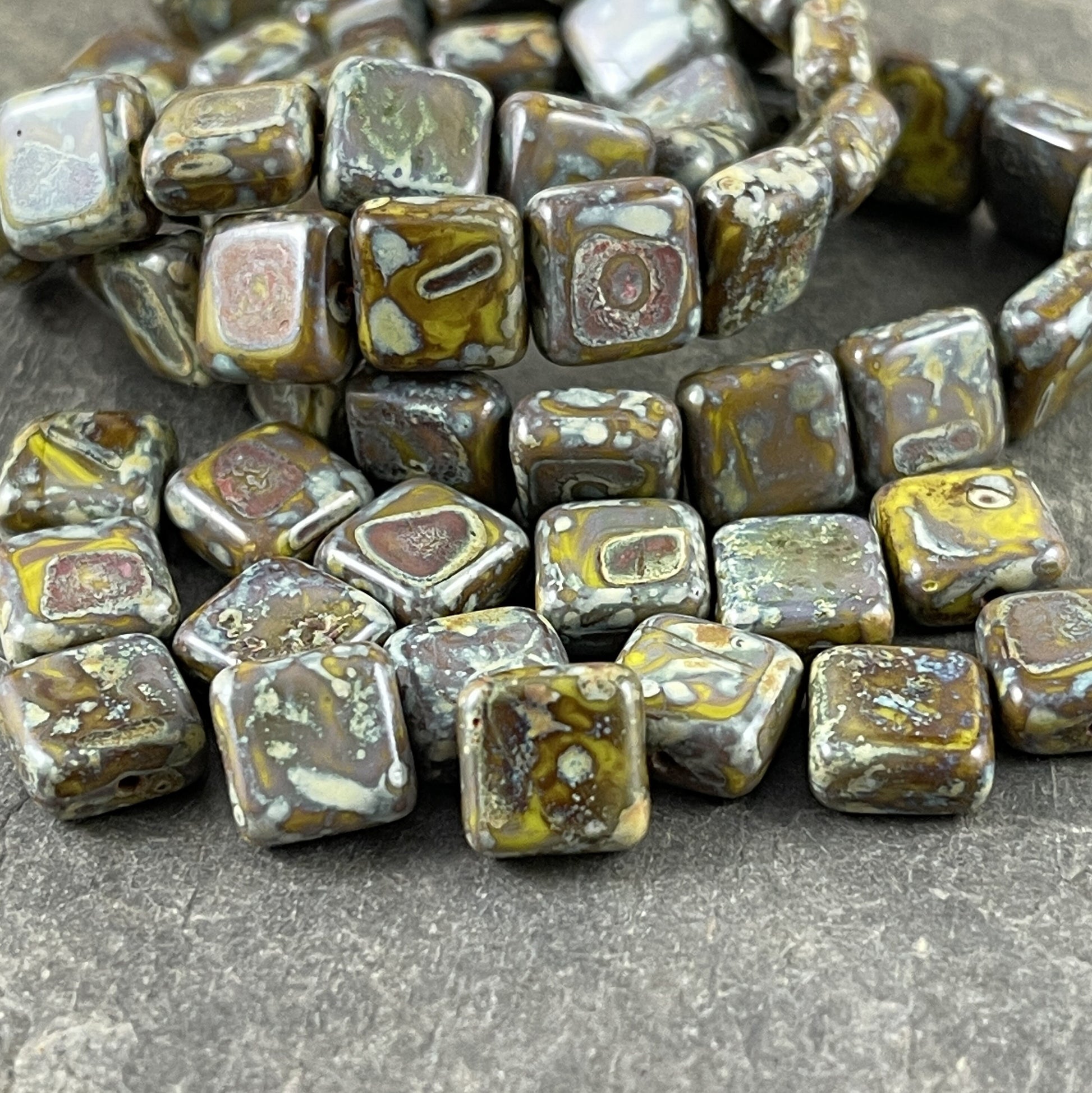 Czech Glass Beads - Olive Green Picasso 9mm Square Glass Beads, Rustic Green and Brown Picasso Beads (RJ-0712) - Qty. 15