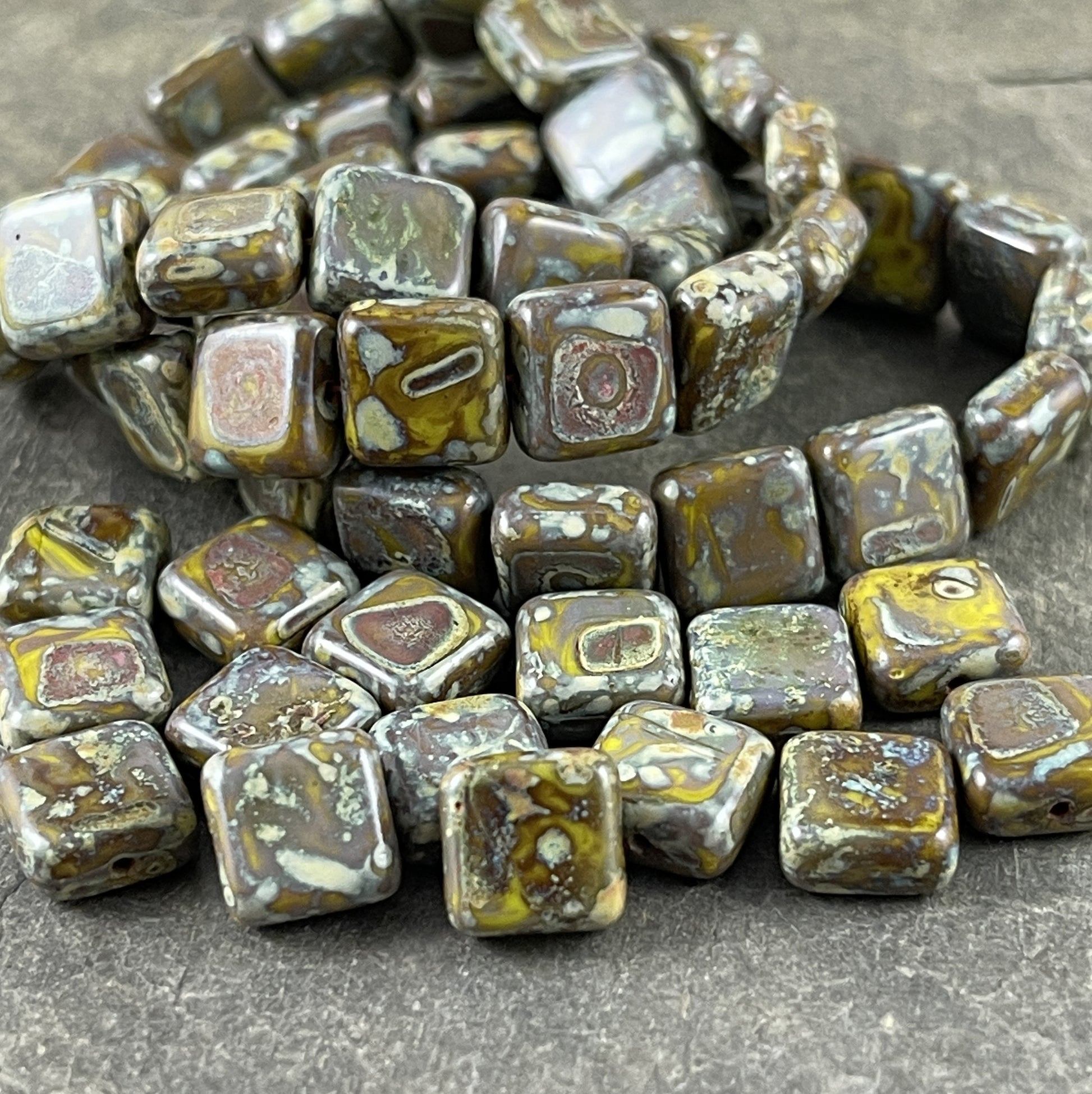 Czech Glass Beads - Olive Green Picasso 9mm Square Glass Beads, Rustic Green and Brown Picasso Beads (RJ-0712) - Qty. 15