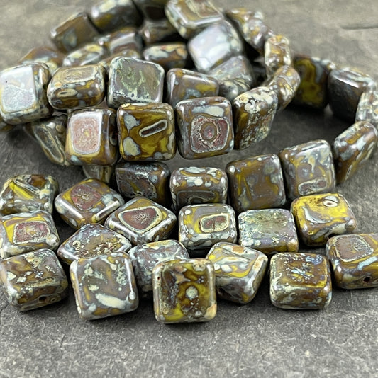 Czech Glass Beads - Olive Green Picasso 9mm Square Glass Beads, Rustic Green and Brown Picasso Beads (RJ-0712) - Qty. 15