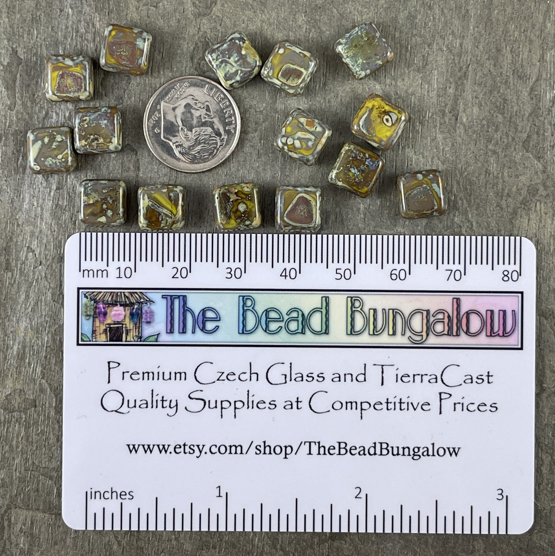 Czech Glass Beads - Olive Green Picasso 9mm Square Glass Beads, Rustic Green and Brown Picasso Beads (RJ-0712) - Qty. 15