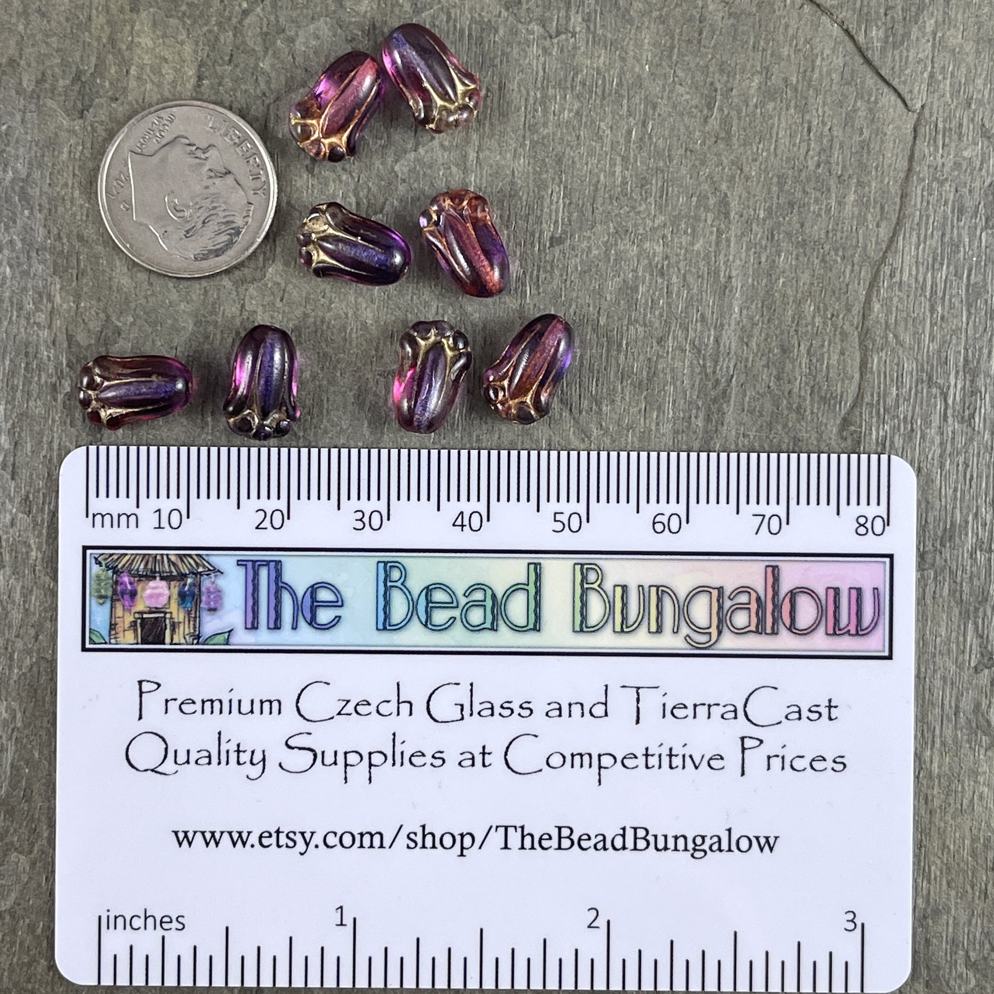 Transparent Purple and Fuchsia Czech Glass Flower ~ 12x8mm Lily Bud Flower ~ Purple & Pink Flower Bead (LBud23) * Qty. 12