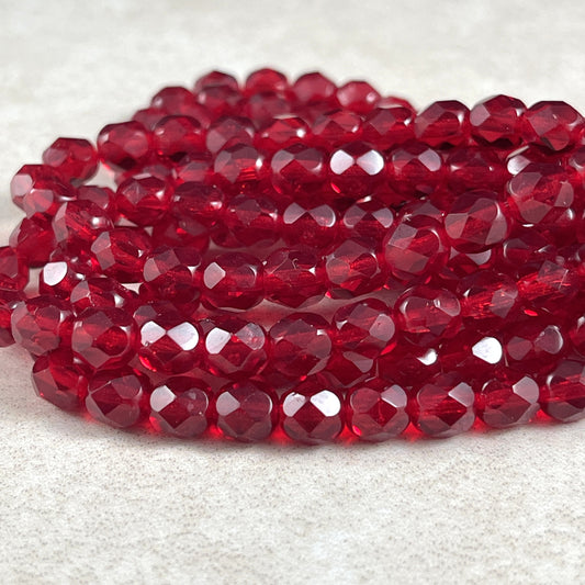 Czech Glass Beads - 6mm Faceted Round Beads, Transparent Ruby Red (FP6/N-138) * Qty. 25