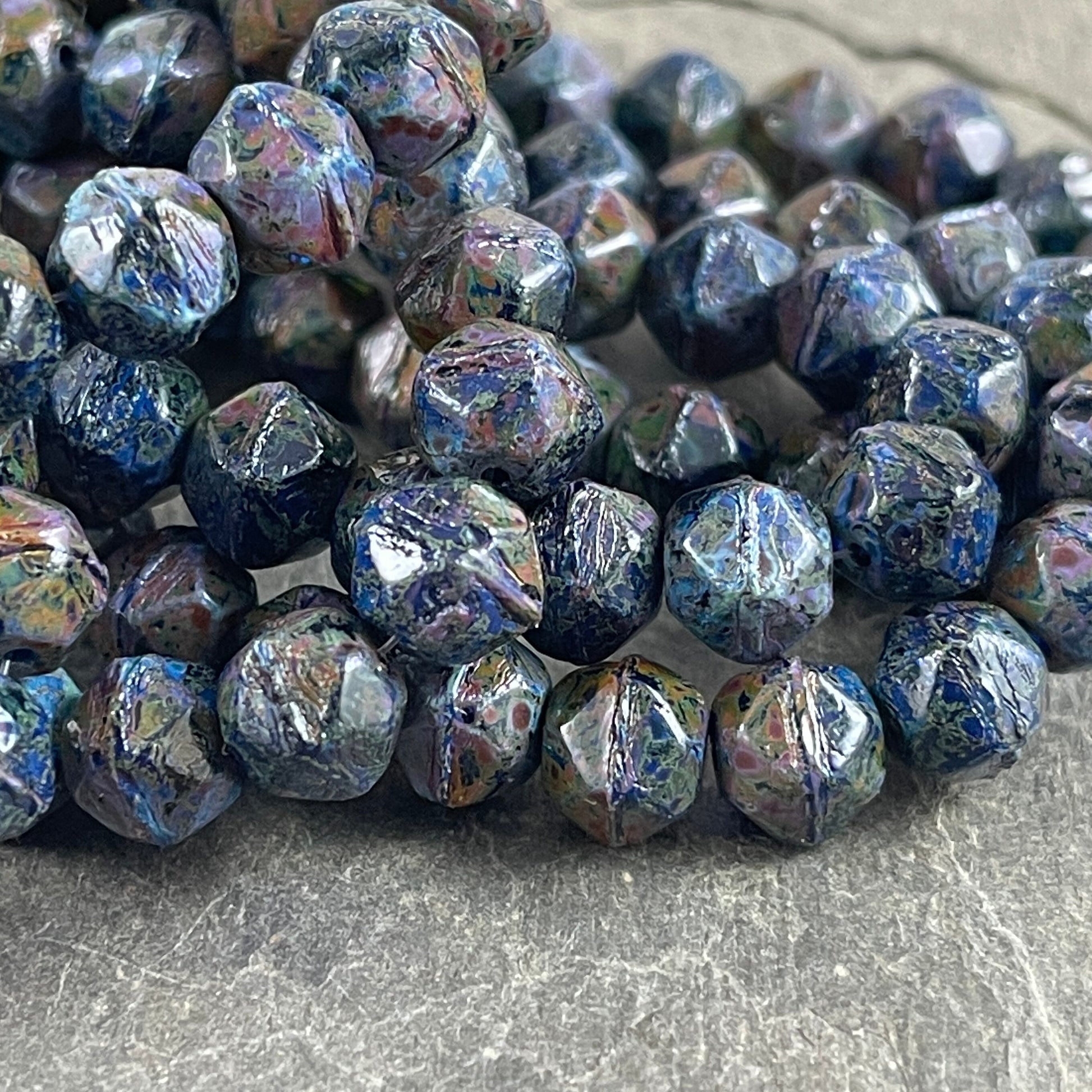 Dark Blue Picasso Beads, 8mm English Cut Czech Glass Beads - Sapphire Blue Glass Beads (EC/N-1245) * Qty. 10