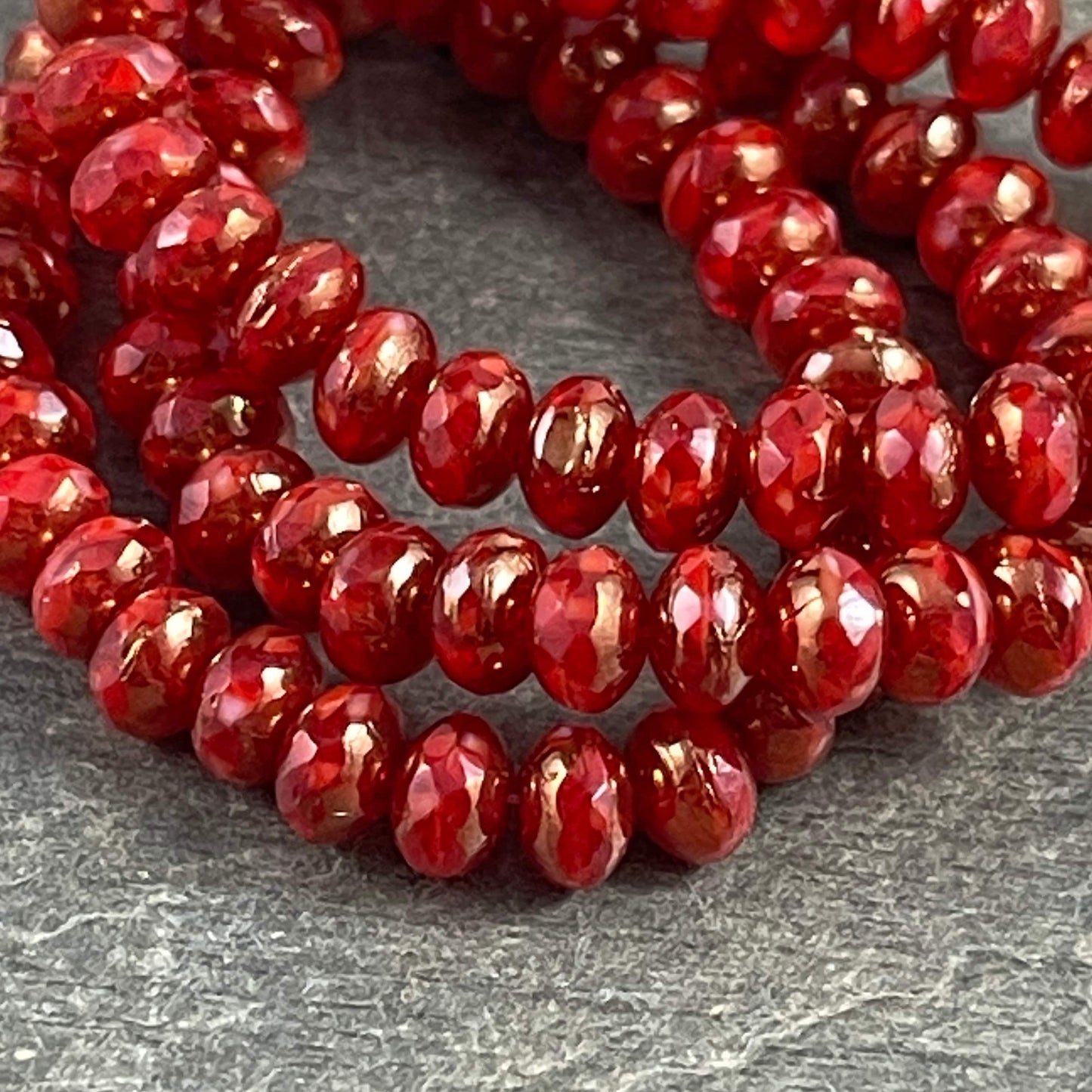Red and Bronze Faceted Czech Glass Beads, 5x3mm Rondelle, Transparent Ruby Red and Opaque Red with Bronze Picasso (R5/N-0186) - Qty. 30