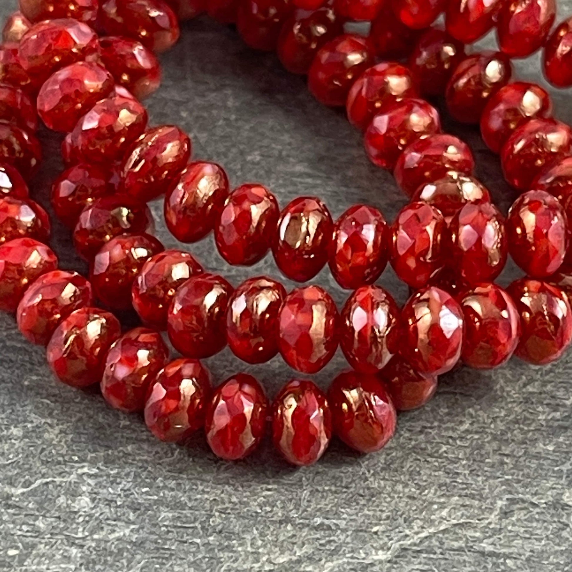 Red and Bronze Faceted Czech Glass Beads, 5x3mm Rondelle, Transparent Ruby Red and Opaque Red with Bronze Picasso (R5/N-0186) - Qty. 30