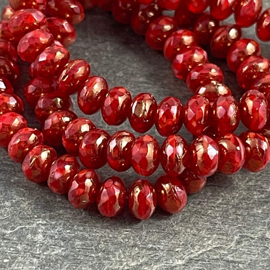 Red and Bronze Faceted Czech Glass Beads, 5x3mm Rondelle, Transparent Ruby Red and Opaque Red with Bronze Picasso (R5/N-0186) - Qty. 30