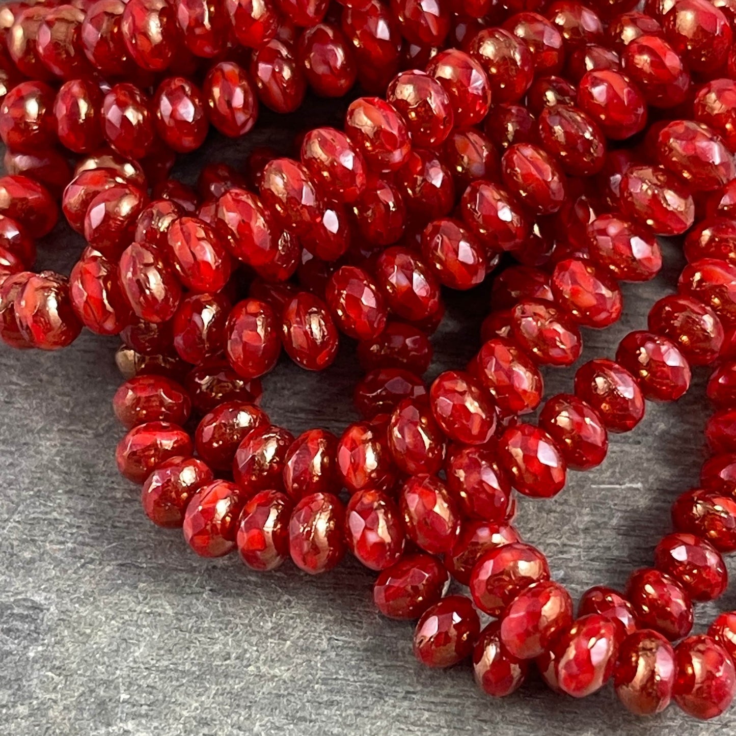 Red and Bronze Faceted Czech Glass Beads, 5x3mm Rondelle, Transparent Ruby Red and Opaque Red with Bronze Picasso (R5/N-0186) - Qty. 30