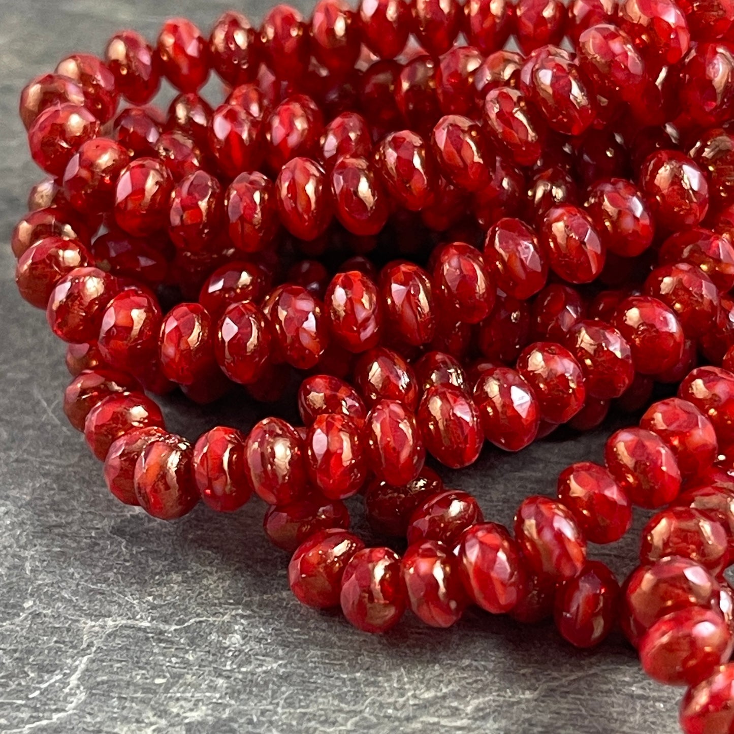 Red and Bronze Faceted Czech Glass Beads, 5x3mm Rondelle, Transparent Ruby Red and Opaque Red with Bronze Picasso (R5/N-0186) - Qty. 30