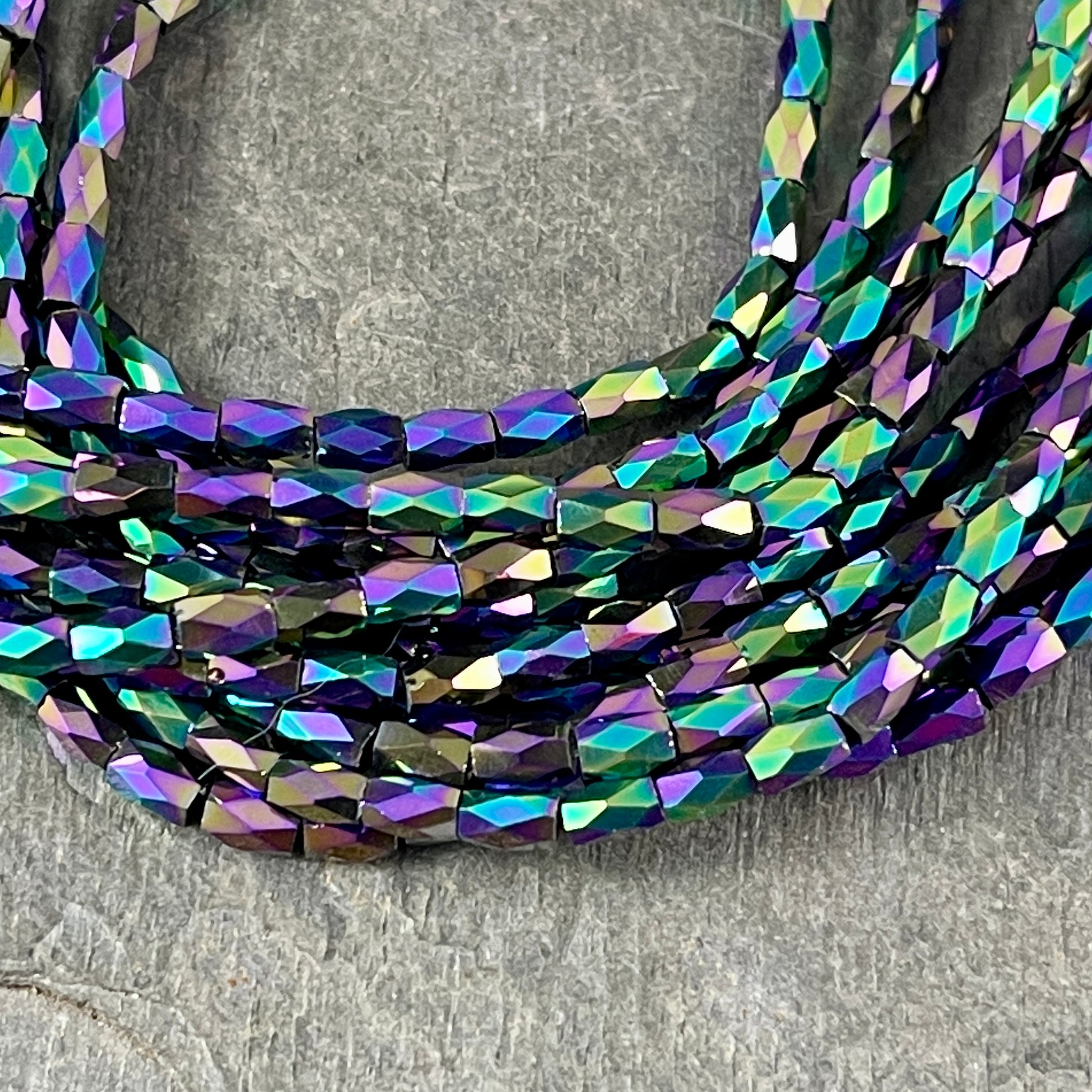 5mm Faceted Tube Bead, Rainbow Metallic 5x3mm Glass Beads (FGT-PI1) Blue, Green, Purple and Black Metallic Beads * 18" Strand