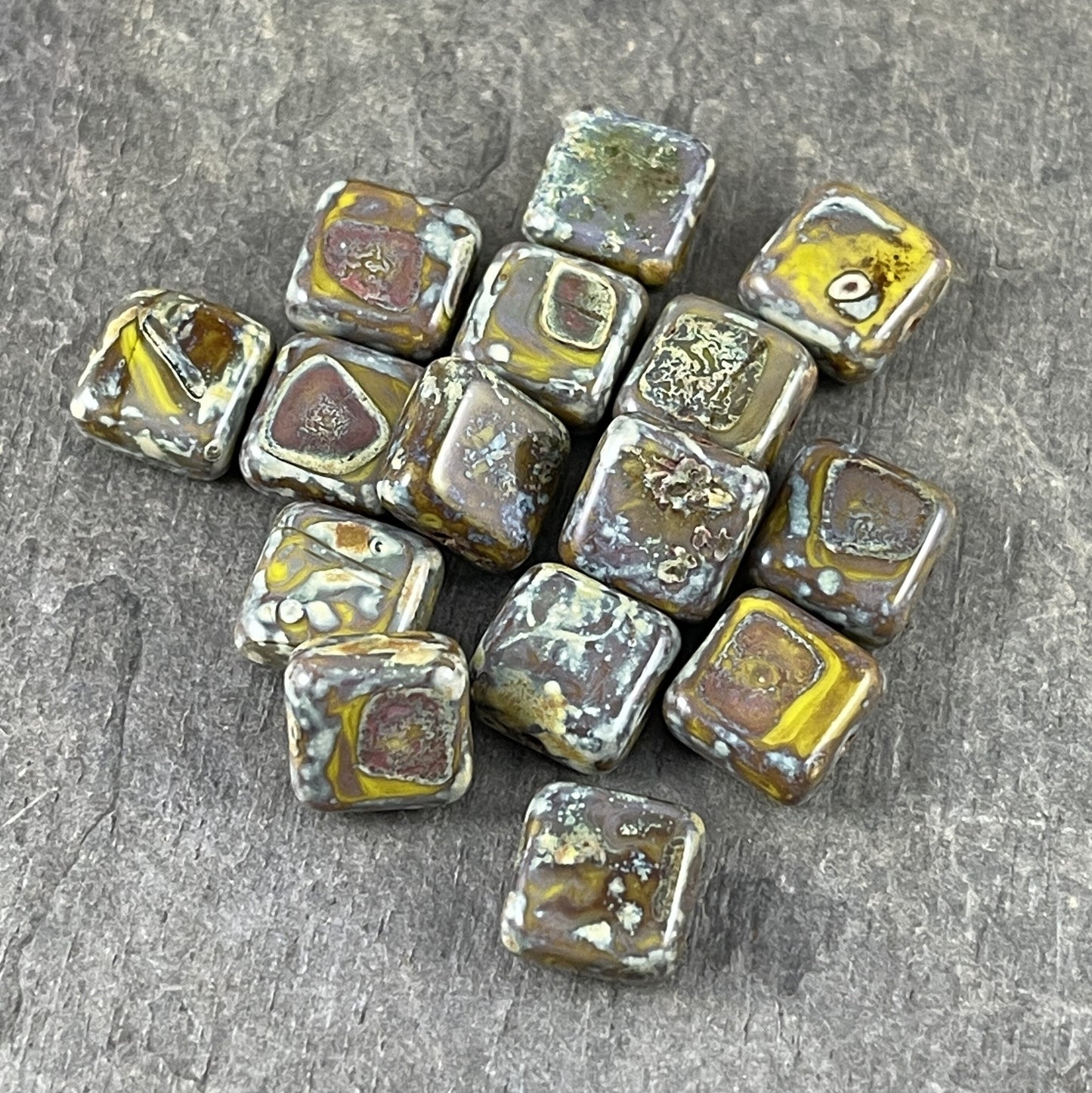 Czech Glass Beads - Olive Green Picasso 9mm Square Glass Beads, Rustic Green and Brown Picasso Beads (RJ-0712) - Qty. 15