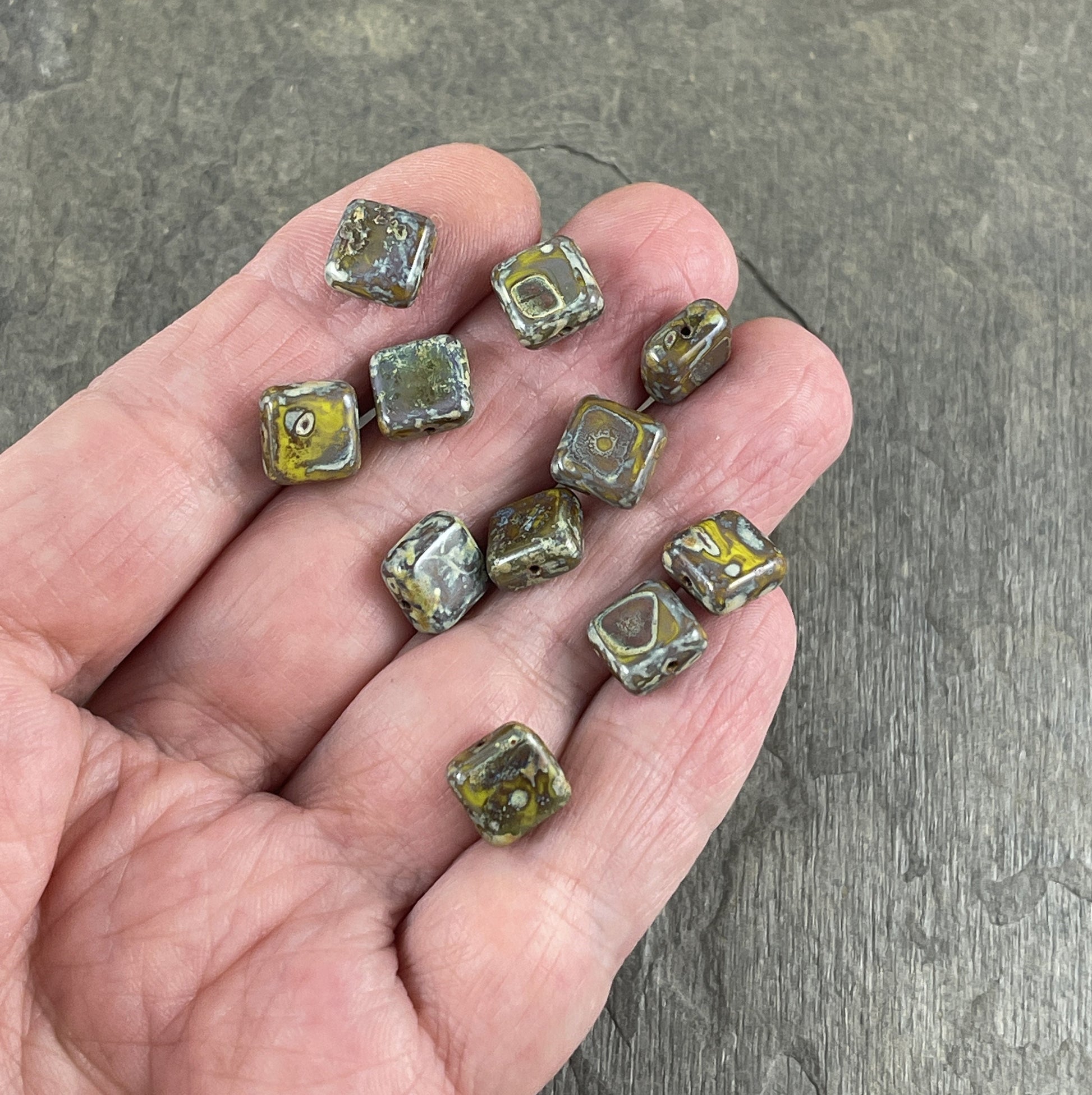 Czech Glass Beads - Olive Green Picasso 9mm Square Glass Beads, Rustic Green and Brown Picasso Beads (RJ-0712) - Qty. 15