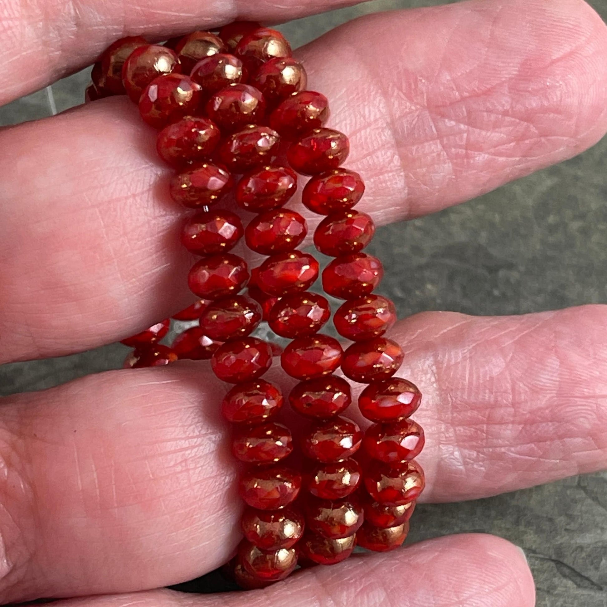 Red and Bronze Faceted Czech Glass Beads, 5x3mm Rondelle, Transparent Ruby Red and Opaque Red with Bronze Picasso (R5/N-0186) - Qty. 30