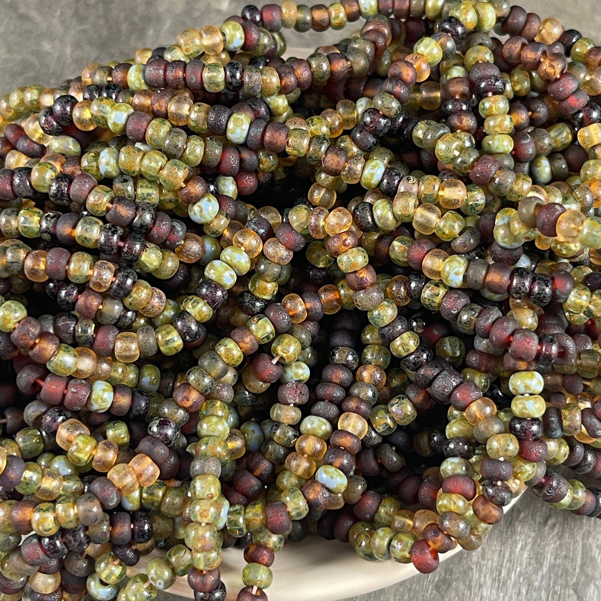 6/0 Picasso Seed Beads, Rustic Honey Bee Picasso 4mm Aged Seed Bead Mix, Brown and Green Czech Glass Beads (6/0-HBM) * 22" strand