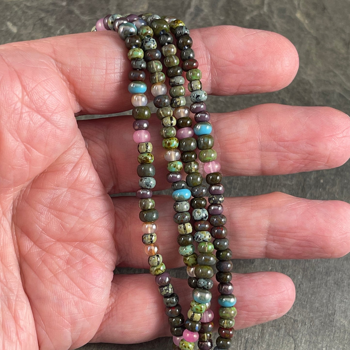 Aged Picasso Seed Beads - 4mm Czech Glass Beads, Glossy Jupiter, Multi-color Mix (Jupiter-G) * 18" strand