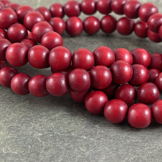 8mm Round Dark Red Wooden Beads, Mala Beads, Lightweight Wooden Beads - Cranberry Red Beads (9464) * 16" Strand