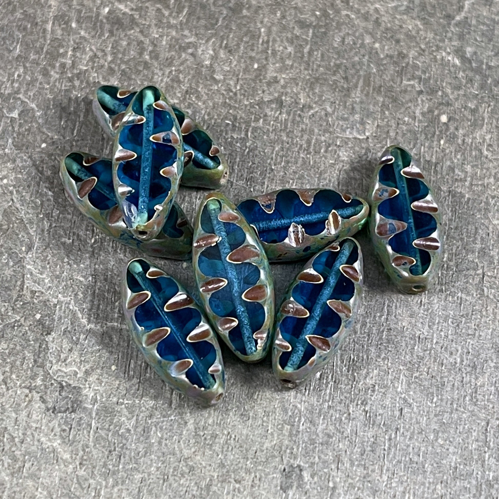Capri Blue Oval Beads, Blue Textured Spindle Bead, Capri Blue Picasso Bead, 17x8mm Blue Czech Beads, Czech Glass Beads (TSpndl5) * Qty. 8
