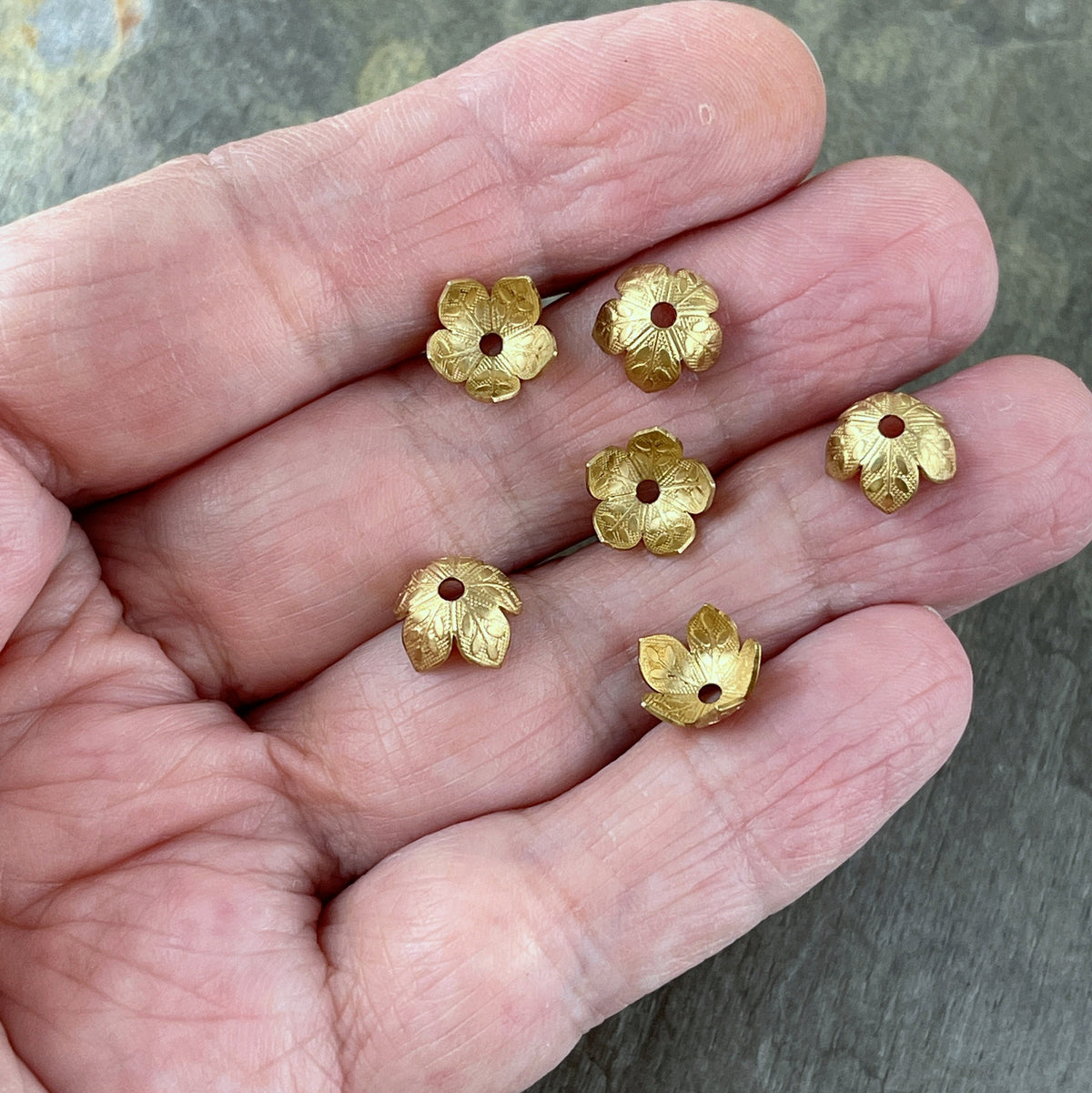 8mm Gold Petal Bead Caps, Raw Brass Bright Gold Floral Theme Bead Caps (VJS-R354R) * Qty. 6