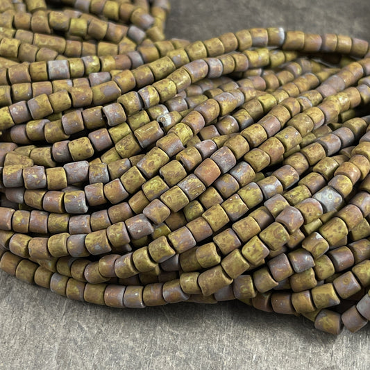 Aged Picasso Seed Beads - 4mm Olive Green and Mustard 6/0 Tube Beads ~ Matte Finish (RBTPB) * 20" Strand