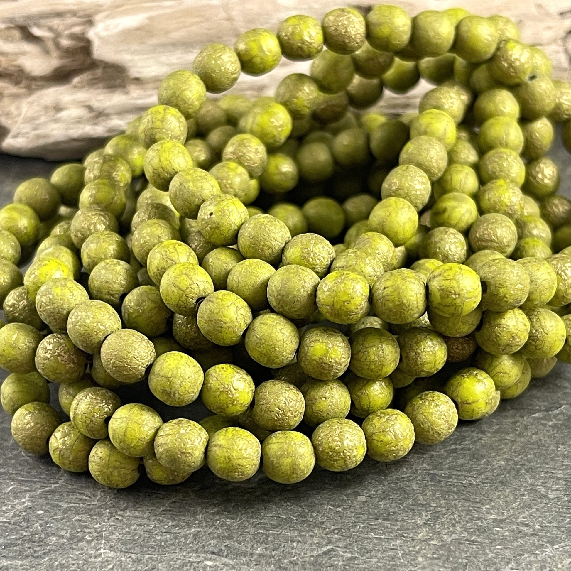 Czech Glass Beads - Olive Green 6mm Round Beads, Matte Olive Green with Gold Wash (D6/N-069) * Qty 30