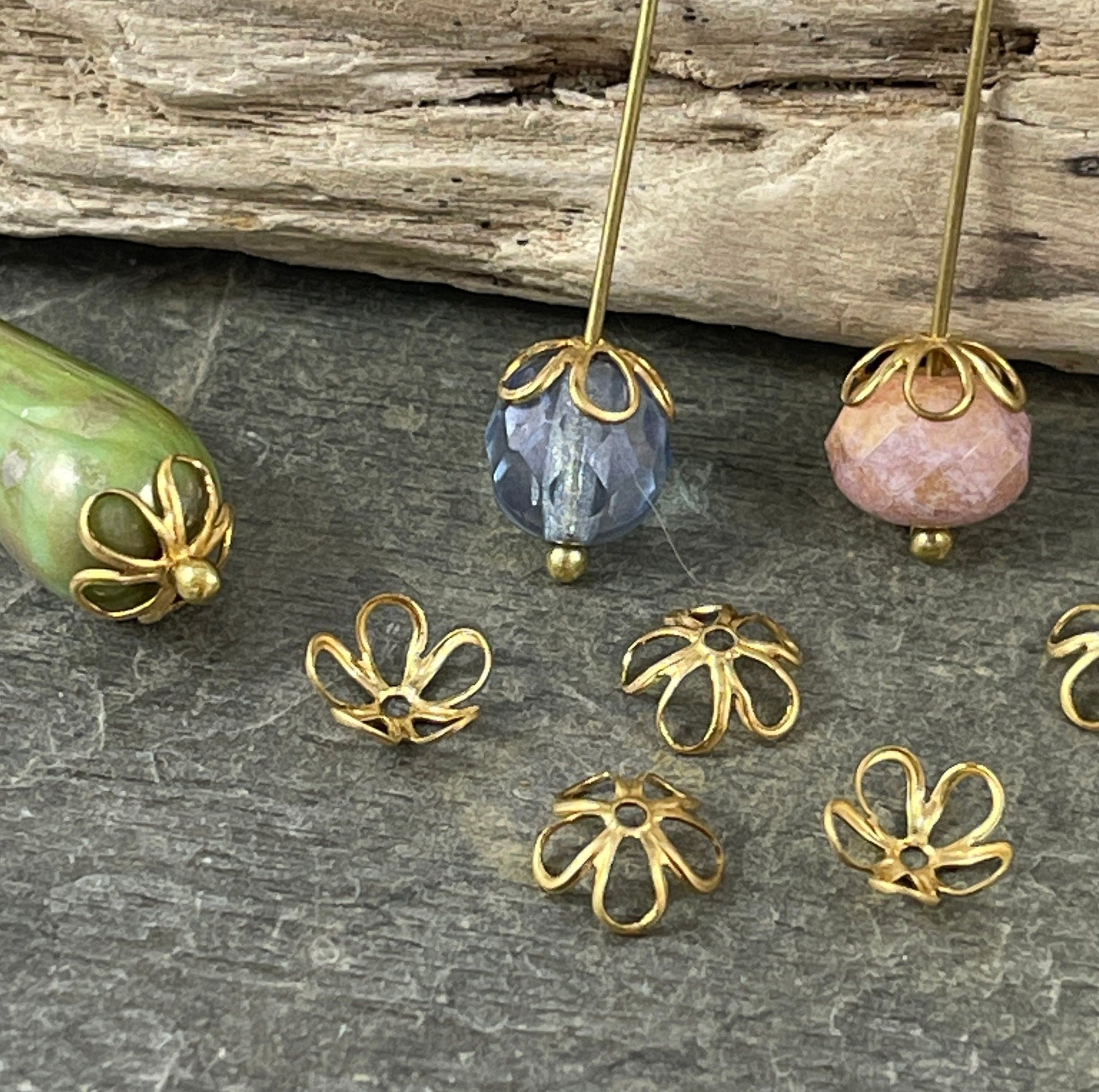 Delicate Open Petal Gold Bead Caps ~ 7.5mm Raw Brass Flower Petal Bead Caps (VJS/R306R) * Qty. 12