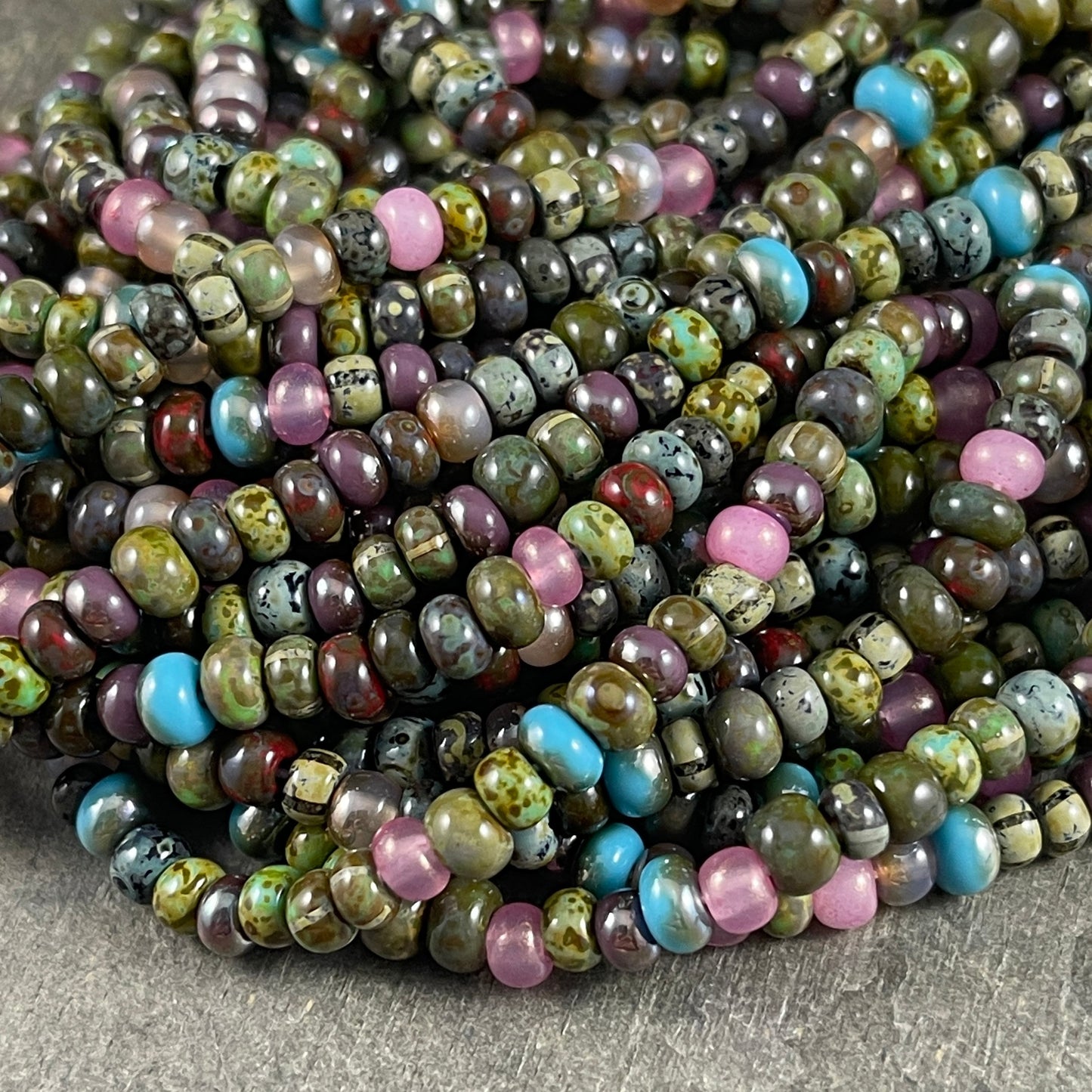 Aged Picasso Seed Beads - 4mm Czech Glass Beads, Glossy Jupiter, Multi-color Mix (Jupiter-G) * 18" strand