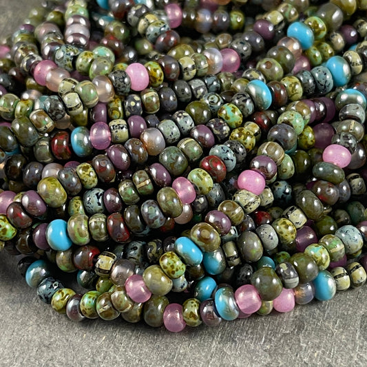 Aged Picasso Seed Beads - 4mm Czech Glass Beads, Glossy Jupiter, Multi-color Mix (Jupiter-G) * 18" strand