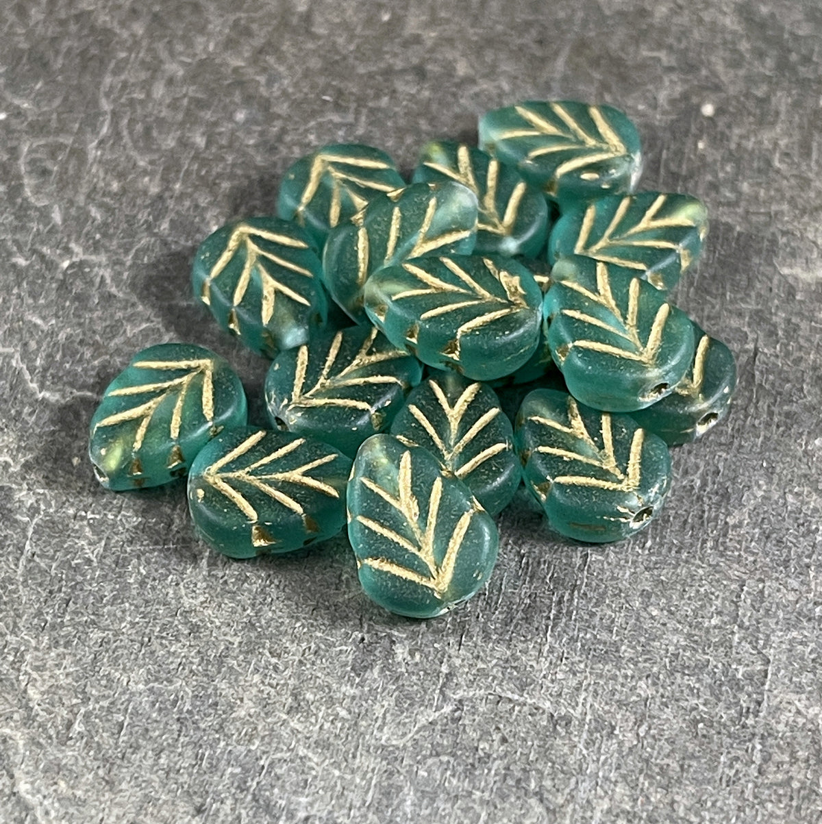 Czech Glass - 10x8mm Mint Leaf Bead, Matte Aqua with Gold Wash (Mint25) * Qty. 16