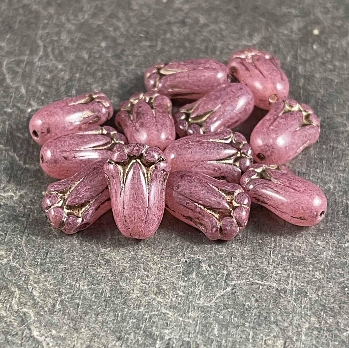 Czech Glass Beads - 12x8mm Lily Bud Flower, Milky Rose Pink with Bronze Wash (LBud5) * Qty. 12