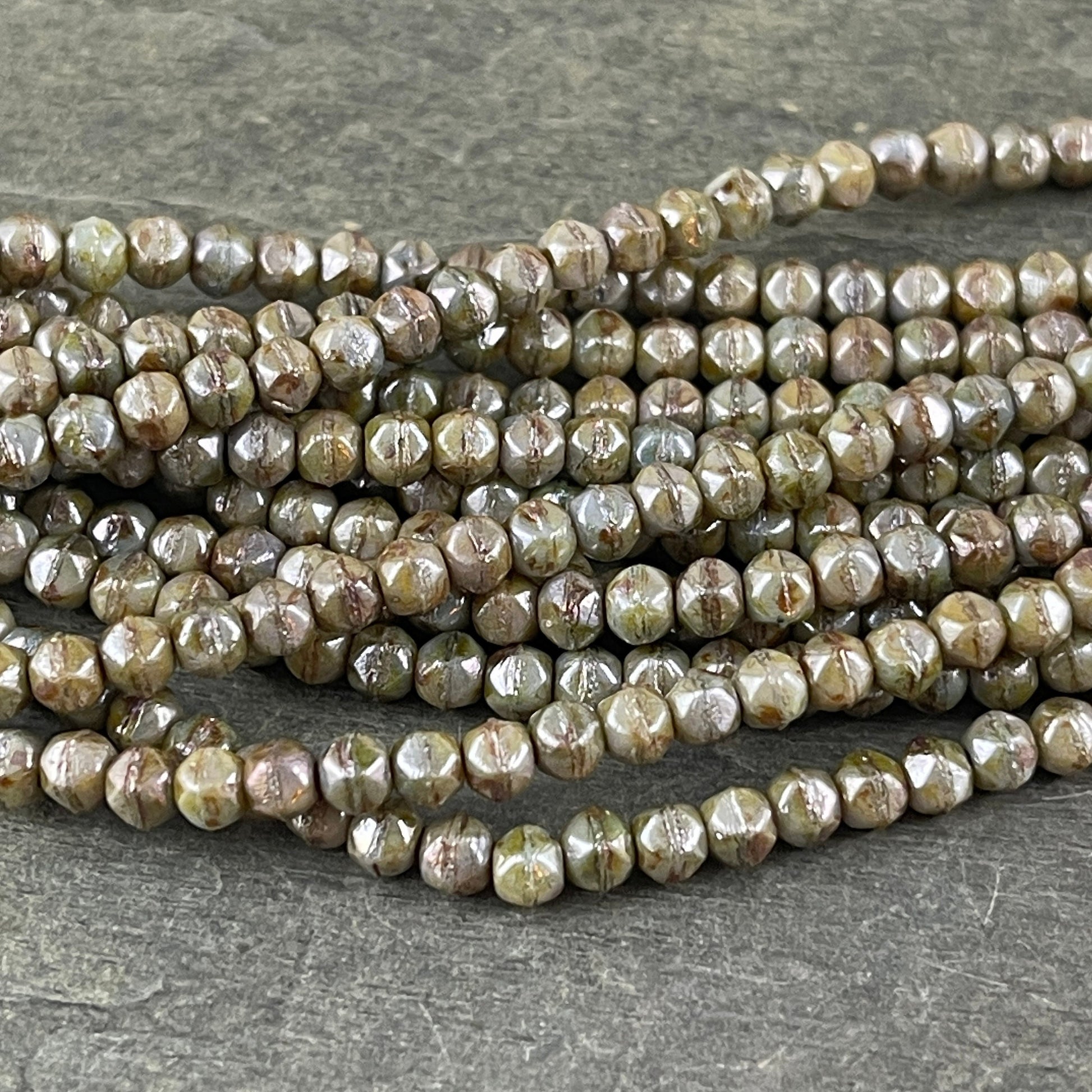 Czech Glass Beads - Green Picasso Beads Sage Green Czech Beads 3mm English Cut - Luster Opaque Green Cube Beads (EC/SM-P65431) * Qty. 50