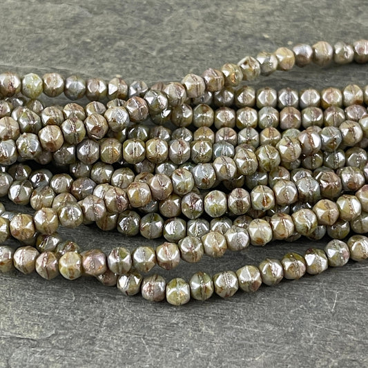 Czech Glass Beads - Sage Green 3mm English Cut Beads, Luster Opaque Green Cube Beads (EC/SM-P65431) * Qty. 50