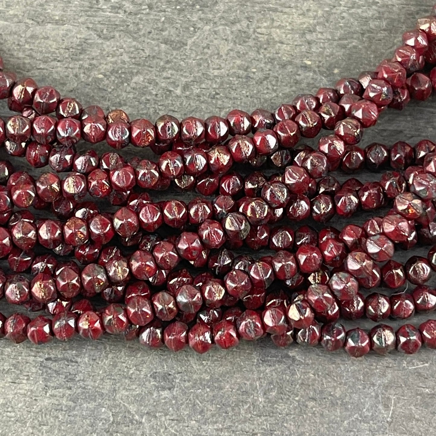 Czech Glass Beads - 3mm English Cut Faceted Cube Glass Beads - Brick Red with Bronze Picasso Beads (EC/SM-BT9320) * Qty. 50