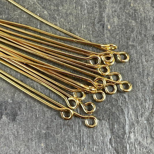 Gold Eye Pins, 2" Eye Pins for Jewelry Making, 21 Gauge Gold Plated Brass Eye Pins (5448) * Qty. 50