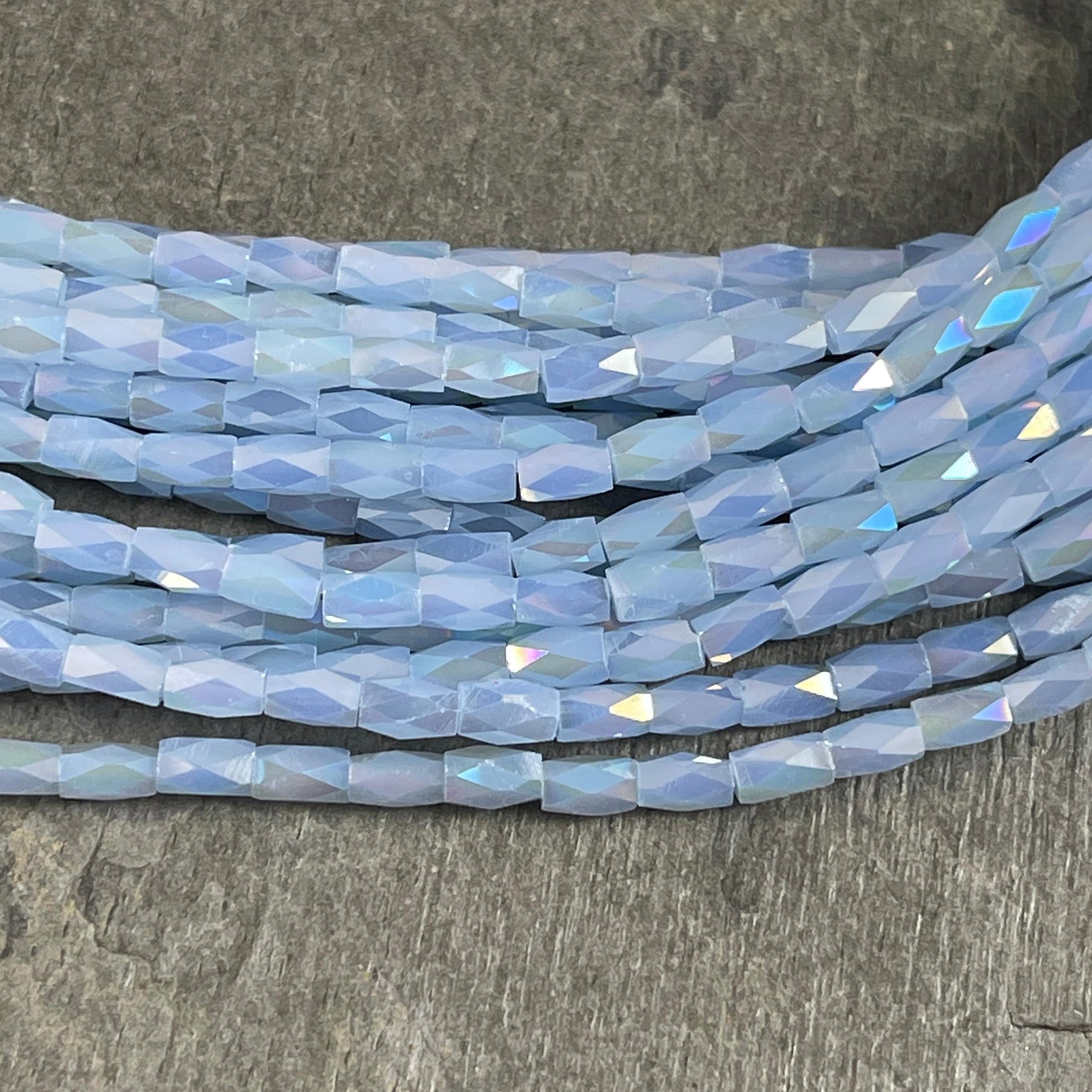 Light Sapphire AB 5mm Faceted Tube Beads, Milky Pastel Blue with AB, 5x3mm Babyu Blue Tube Beads (MLBab1) * 18" Strand