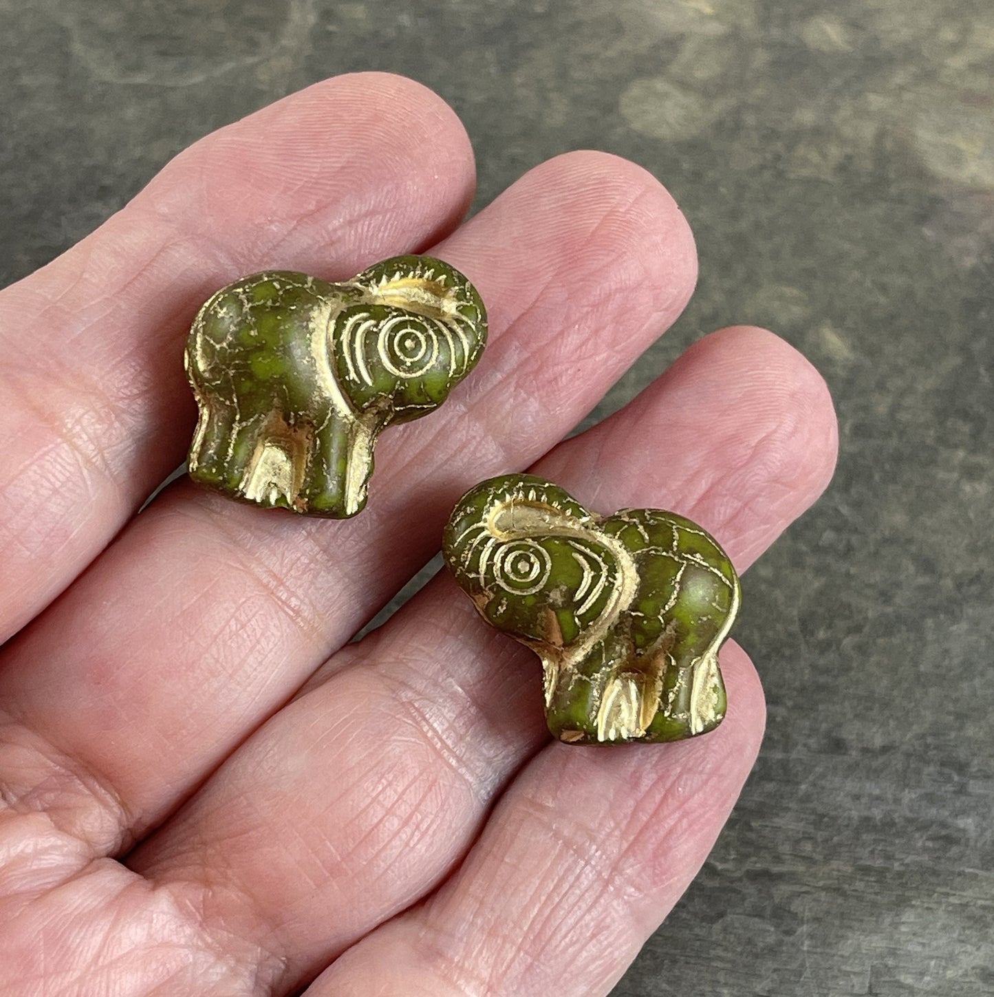 Czech Beads - 20x23mm Elephant Bead, Matte Olive Green with Gold Wash (Pack4) * Qty. 2