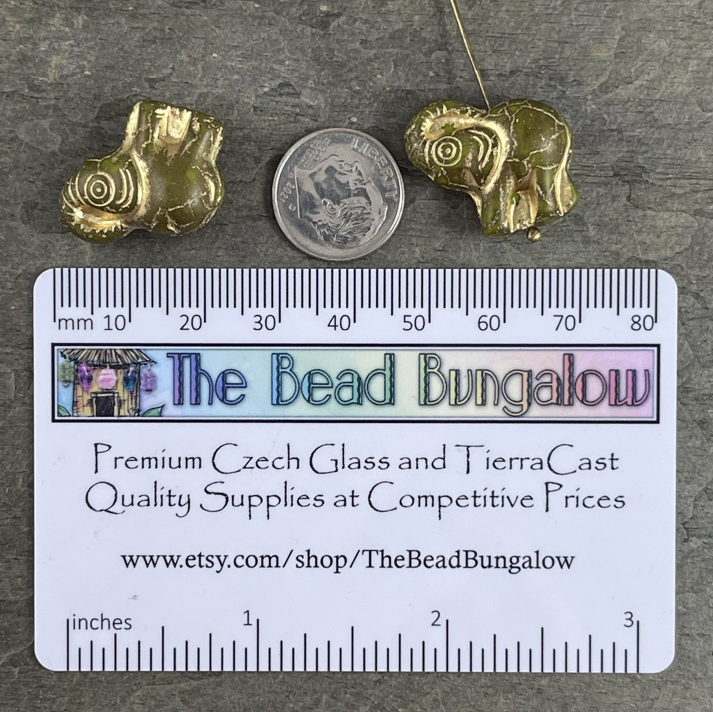 Czech Beads - 20x23mm Elephant Bead, Matte Olive Green with Gold Wash (Pack4) * Qty. 2