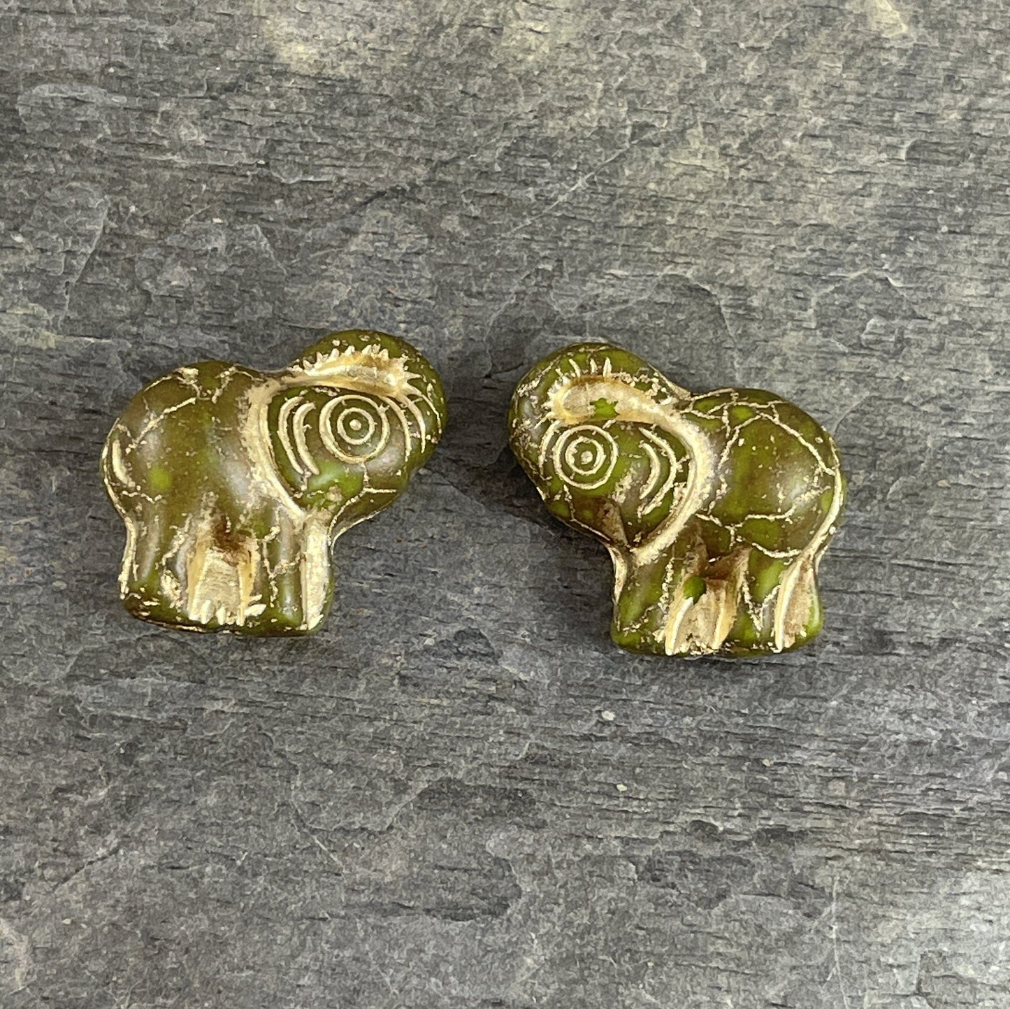 Czech Beads - 20x23mm Elephant Bead, Matte Olive Green with Gold Wash (Pack4) * Qty. 2