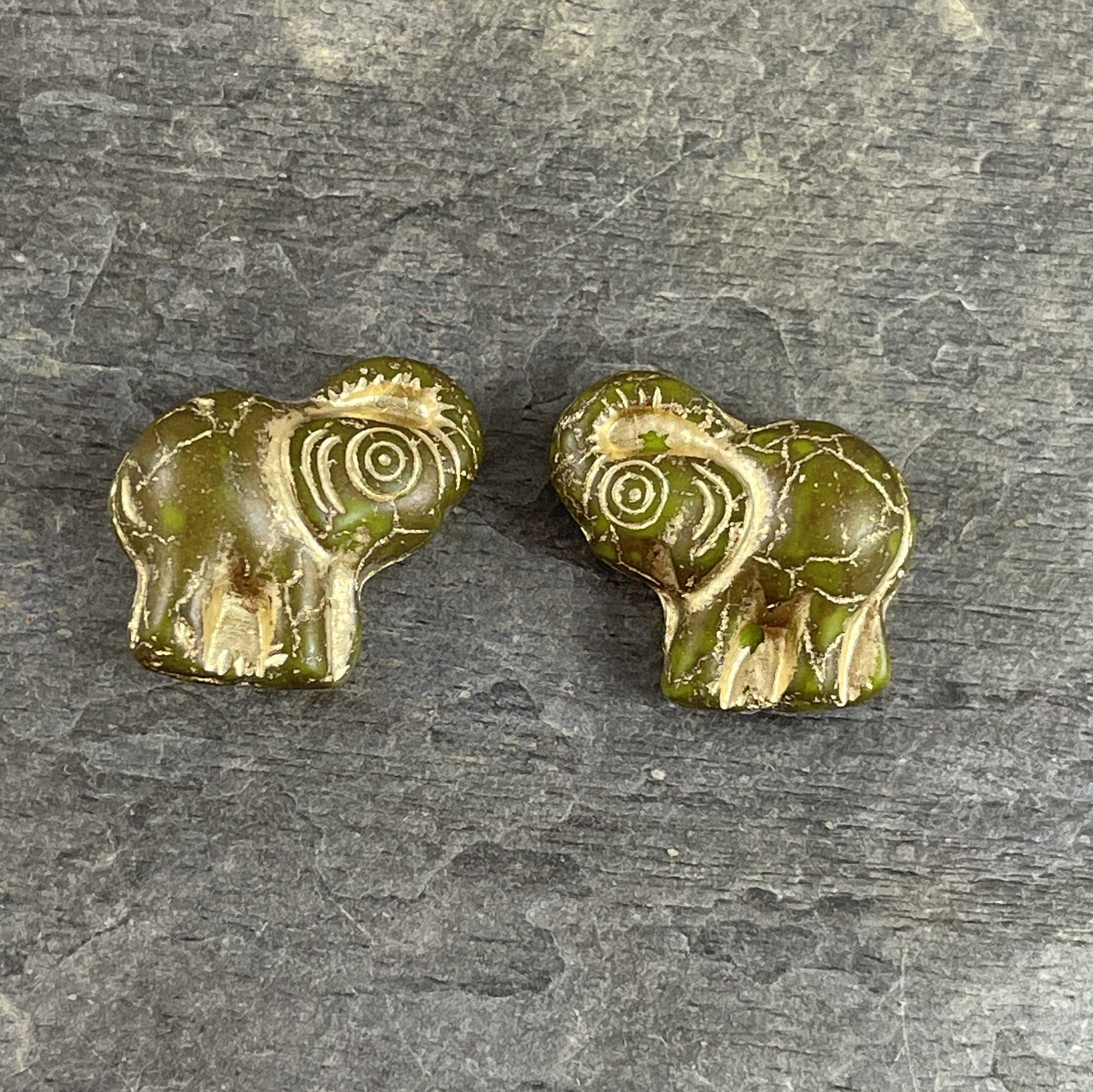 Czech Beads - 20x23mm Elephant Bead, Matte Olive Green with Gold Wash (Pack4) * Qty. 2