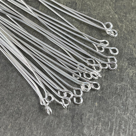 2" Silver Eye Pins, 21 Gauge Pins for Jewelry Making, Silver Plated Brass (5451) * Qty. 100